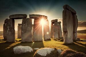 illustratie stonehenge met zonsondergang prehistorisch monument ai gegenereerd foto