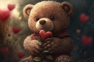 aanbiddelijk teddy beer Holding een hart in haar handen. hartverwarmend Valentijnsdag dag kaart. ai gegenereerd foto