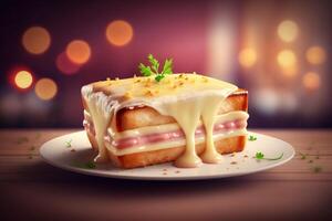 knapperig goedheid genieten in de klassiek Frans croque monsieur belegd broodje ai gegenereerd foto
