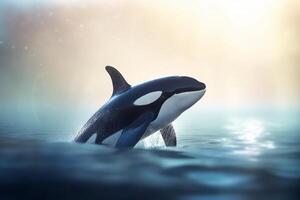 springend orka majestueus moordenaar walvis in vol vlucht ai gegenereerd foto