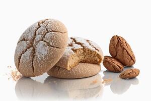 de krokant en knapperig Italiaans traktatie geïsoleerd amaretti koekjes Aan een wit achtergrond ai gegenereerd foto