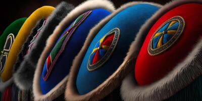 levendig Kozakken hoeden met vacht trimmen, traditioneel Russisch kleding ai gegenereerd foto