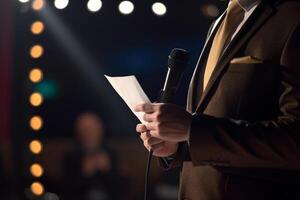 grondtoon spreker Aan podium met script en microfoon in helder spotlight Bij bedrijf conferentie ai gegenereerd foto
