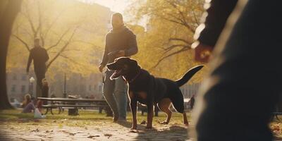 hoektand speeltijd hond en eigenaar achtervolgen bal in de park ai gegenereerd foto