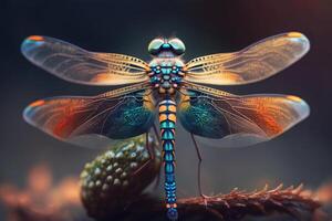 hyperrealistisch illustratie van een libel geïnspireerd insect, uitvergroot detailopname ai gegenereerd foto