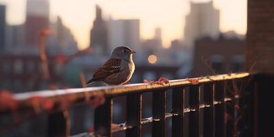 wild vogel neergestreken Aan staal traliewerk van brand ontsnappen, met stedelijk horizon gedurende zonsondergang in achtergrond ai gegenereerd foto