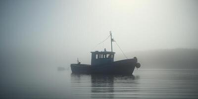 ochtend- de nevel Aan de oceaan een vissersboot Bij zonsopkomst ai gegenereerd foto