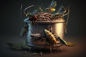 walgelijk insecten zijn kruipen Aan een Koken pot ai gegenereerd foto