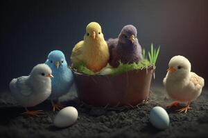 schattig Pasen kuikens nesten met kleurrijk Pasen eieren ai gegenereerd foto