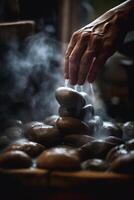 dropping water Aan heet stenen in sauna stomende ontspanning ai gegenereerd foto