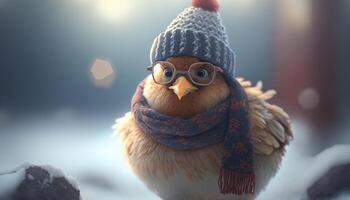 de sneeuw-liefhebbend kip met bril, sjaal, en hoed ai gegenereerd foto