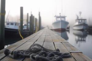 nevelig ochtend- Aan de pier visvangst uitrusting en boten ai gegenereerd foto