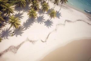 paradijs gevonden antenne visie van wit zand strand met palm bomen en kristal blauw wateren ai gegenereerd foto
