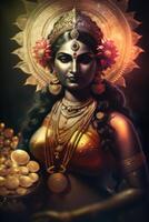 lakshmi de stralend Indisch godin van rijkdom en fortuin in artistiek heerlijkheid ai gegenereerd foto