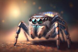 hyperrealistisch illustratie van een jumping spinachtig insect, detailopname ai gegenereerd foto