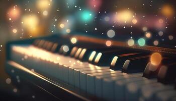 bokeh lichten en wazig kleuren Aan detailopname piano sleutels ai gegenereerd foto