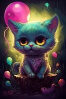 de magisch ballonnen avontuur van een weinig kat in een mystiek wereld een digitaal komische stijl schilderij in levendig contrasterend kleuren ai gegenereerd foto