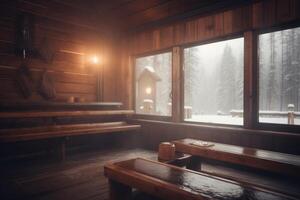 vroeg ochtend- sauna in besneeuwd berg herberg met zonovergoten ramen en zonsopkomst ai gegenereerd foto