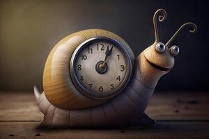 een grappig gelukkig slak met een alarm klok net zo een slak schelp ai gegenereerd foto