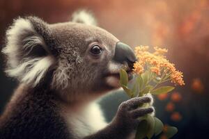 koala ruikt een bloem in een voorjaar weide ai gegenereerd inhoud foto