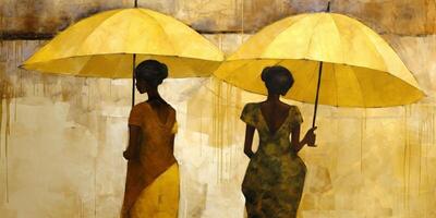 tinten van Afrika een boeiend abstract schilderij presentatie van Afrikaanse Dames met paraplu's in sepia tonen ai gegenereerd foto