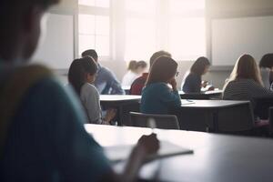 gefocust geesten hoog school- studenten aan het leren in een helder klas ai gegenereerd foto