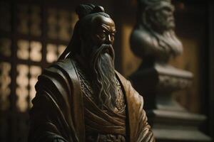 standbeeld van Confucius in een traditioneel Chinese kamer ai gegenereerd foto