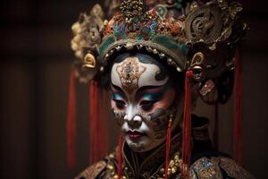 betoverend uitbeelding van vrouw performer in traditioneel Chinese opera masker ai gegenereerd foto