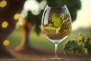 wijn glas reflecties een fotomontage van wijngaarden, druiven, en wijn ai gegenereerd foto