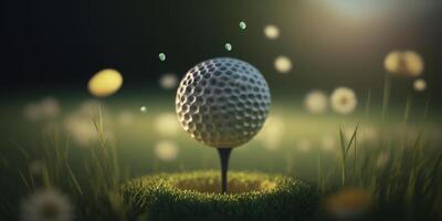 golf bal Aan groen veld- met bokeh effect illustratie ai gegenereerd foto