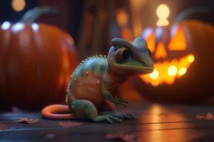 spookachtig pret een kleurrijk kameleon met een halloween pompoen ai gegenereerd foto