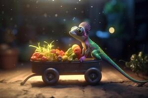 de groente oogstmachine een grappig fotorealistisch tekenfilm kameleon met een kruiwagen vol van groenten ai gegenereerd foto