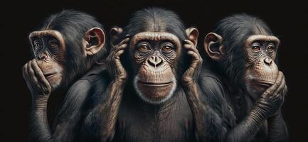 illustratie van 3 intelligent op zoek chimpansee apen ai gegenereerd inhoud foto