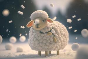 blij en schattig schapen hebben pret in de sneeuw gedurende een ijzig winter ai gegenereerd foto