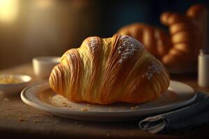 vlokkig en heerlijk Frans croissant voor ontbijt ai gegenereerd foto