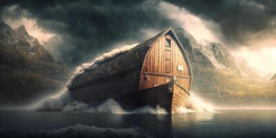 illustratie van die van noah ark Aan de stormachtig zee ai gegenereerd inhoud foto