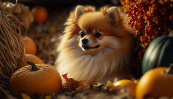 herfst viering aanbiddelijk pommeren hond tussen pompoenen en oogst decoraties ai gegenereerd foto