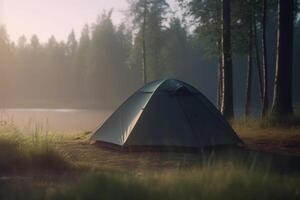 ochtend- reflecties een tent door de Woud meer Bij ochtendgloren, camping ai gegenereerd foto