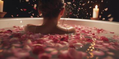 ontspannende genieten in een roos bloemblad heet kuip de ultieme spa ervaring ai gegenereerd foto