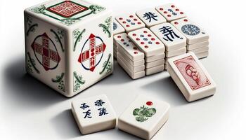 geïsoleerd Chinese mahjong spel reeks Aan wit achtergrond met bamboe tegels en Dobbelsteen ai gegenereerd foto