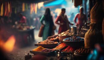 verkennen de levendig chaos van een Indisch bazaar een herrie van kleuren en specerijen ai gegenereerd foto