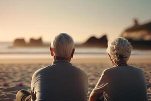 achtervolgen zonsondergangen samen liefde en avontuur in oud leeftijd ai gegenereerd foto