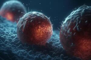 microscopisch visie van kleurrijk 3d illustratie van beschadigd cellen ondergaan apoptose ai gegenereerd foto