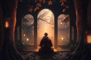 eenzaamheid in de tempel Chinese monnik mediteren alleen in kalmte ai gegenereerd foto