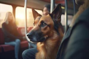 geduldig pooch Aan openbaar doorvoer een hond Aan zijn eigenaren ronde in een bezig tram ai gegenereerd foto