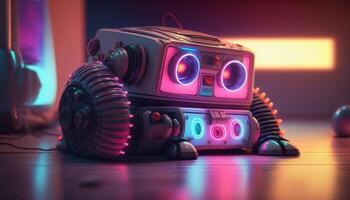 robo pret 80s speelgoed- robot Aan neon-gekleurd vloeren ai gegenereerd foto