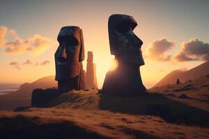 illustratie moai figuren Pasen eiland zonsondergang ai gegenereerd foto