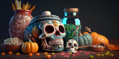 levendig kleurrijk nog steeds leven van versierd schedels met pompoenen, kaarsen en traditioneel Mexicaans decor vieren dag van de dood - dia de Muertos ai gegenereerd foto