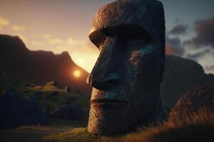 illustratie moai figuren Pasen eiland zonsondergang ai gegenereerd foto