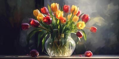 vaas van tulpen een waterverf nog steeds leven schilderij ai gegenereerd foto
